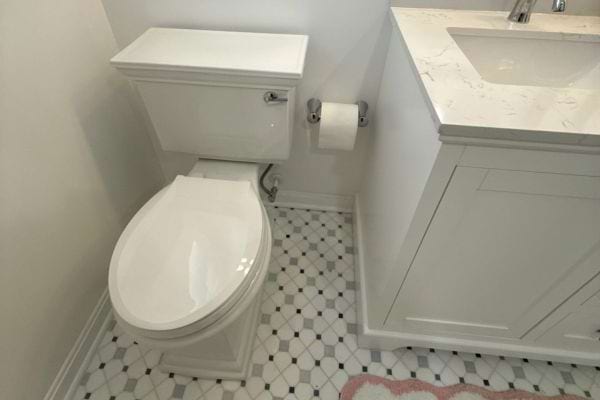 Toilette blanche, sol carrelé, tapis rose, lavabo marbre.