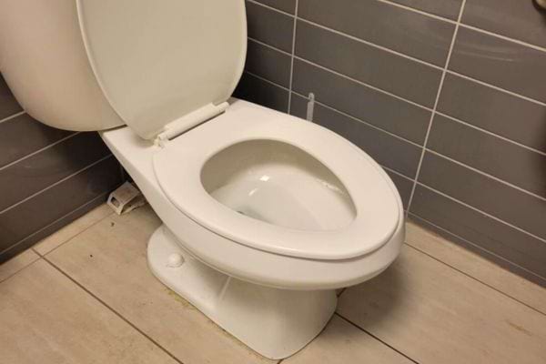 Toilette ouverte dans une salle de bain aux carreaux gris.