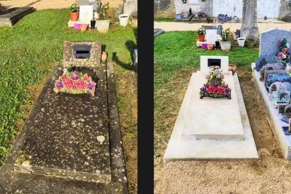 Tombe avec livres et fleurs après nettoyage.