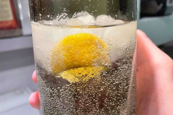 Un verre contenant de l'eau gazeuse et une tranche de citron.