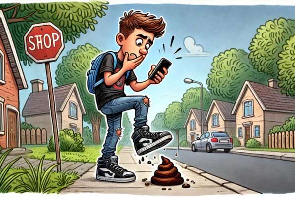 Un adolescent distrait par son téléphone marche vers une crotte.