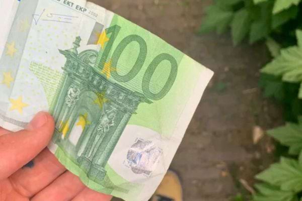 Main tenant un billet de cent euros plié.