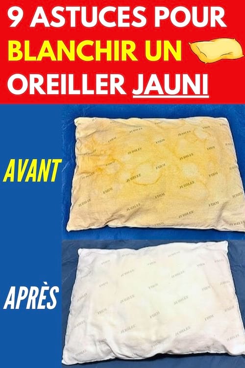 Un oreiller jauni qui est blanchi pour enlever les taches jaunes