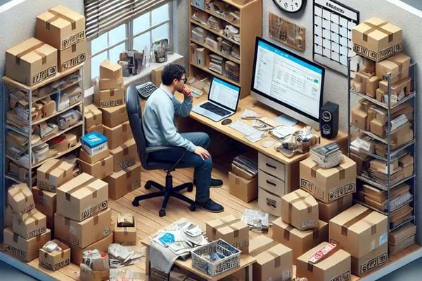 Vue aérienne d'un homme travaillant dans un bureau très encombré de colis.