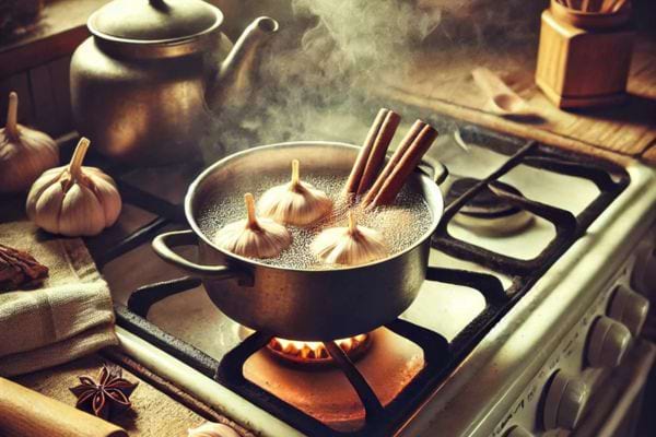 Casserole sur feu avec ail et cannelle.
