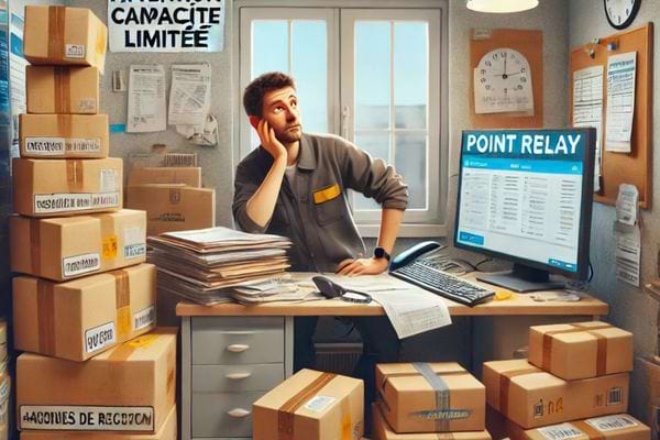 Un employé à son bureau, entouré de piles de colis, réfléchissant.