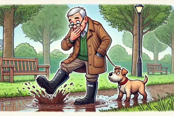 Un homme avec son chien réagit après avoir marché dans une flaque boueuse.