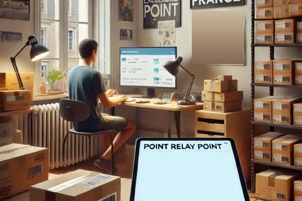 Un jeune homme à un bureau rempli de colis, naviguant sur son ordinateur.