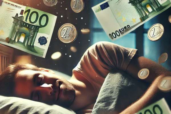 Homme endormi, billets de 100 euros flottant autour