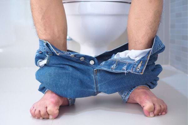 Vue de face d'un homme aux toilettes, pantalon autour des chevilles.