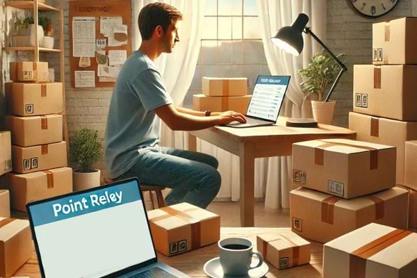 Un homme assis à un bureau, entouré de cartons, travaillant sur son ordinateur.