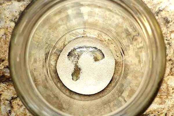 De la levure boulangère au donf d'un grand bocal en verre.