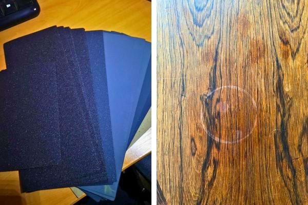 Papiers abrasifs, bois foncé.