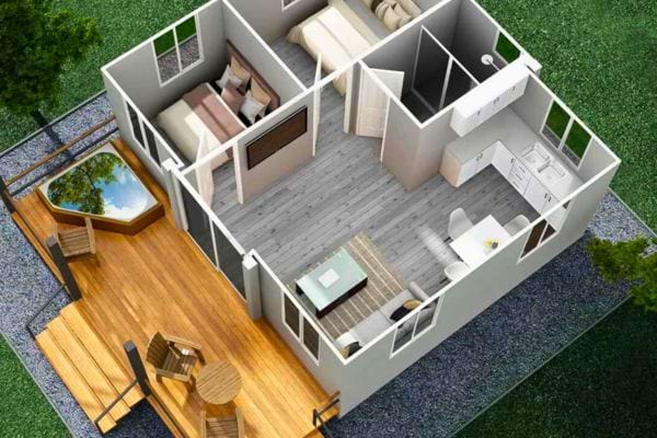 Plan d'une petite maison, incluant chambre, salon, et bain.