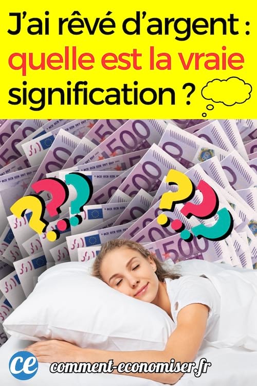 Une femme sur son oreiller qui est train de rêver d'argent et de billets de 500 euros