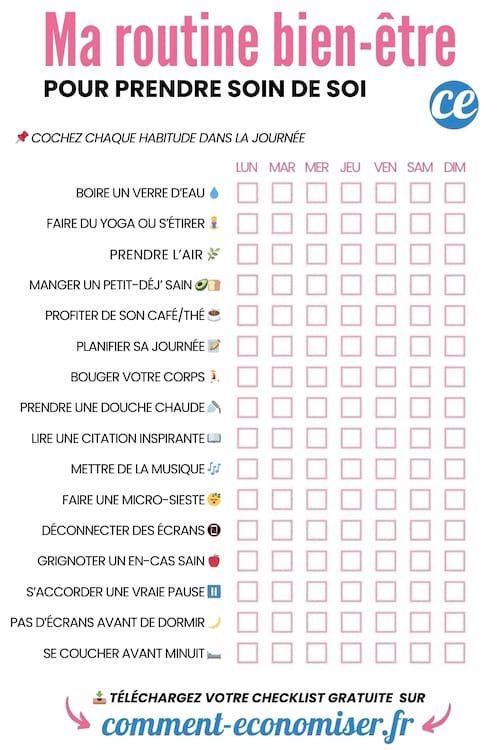 Check-list bien-être gratuite des 16 rituels pour prendre soin de soi.