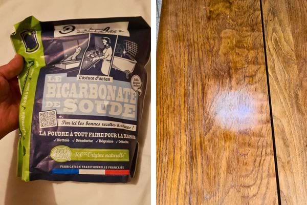 Paquet de bicarbonate, bois ciré.
