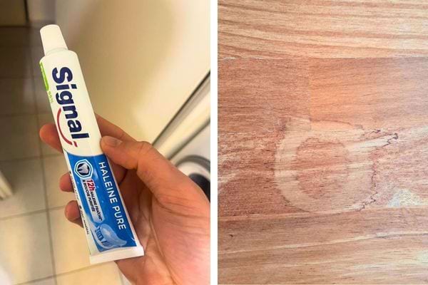 Tube de dentifrice, bois avec tache.