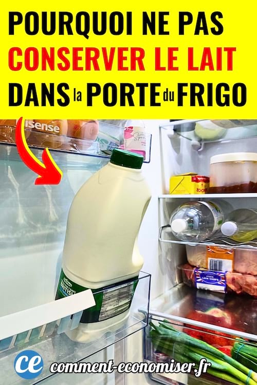 Une bouteille de lait qui est dans la porte du frigo
