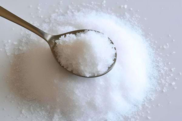 Une cuillère en métal pleine de gros sel posée sur un tas de sel.