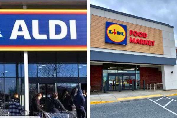 Extérieurs d'Aldi et Lidl avec des clients.