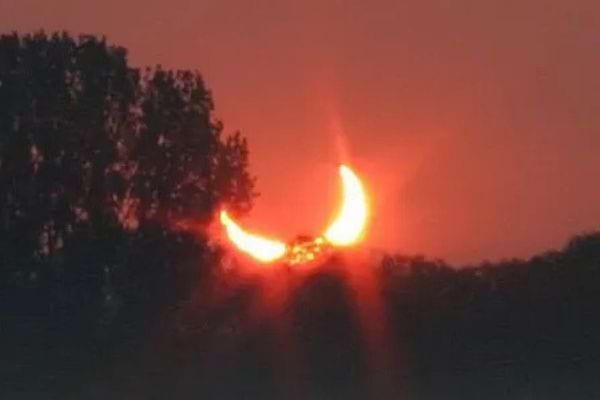 Soleil couchant entre des arbres, évoquant une forme de cornes enflammées.