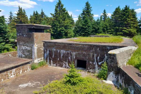 Un fort militaire abandonné avec des structures en béton parmi des arbres.