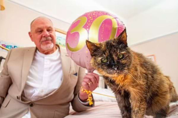 Le même homme tient un ballon "30" à côté du chat sur un lit.