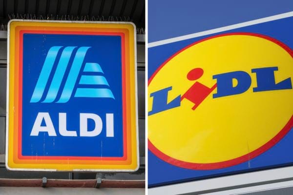 Logos d'Aldi et Lidl sur fond bleu et jaune.