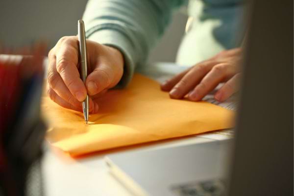 Une main écrit sur une enveloppe jaune.