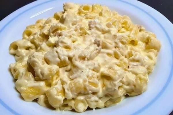 Une assiette blanche remplie de pâtes sauce à la crème et au fromage 