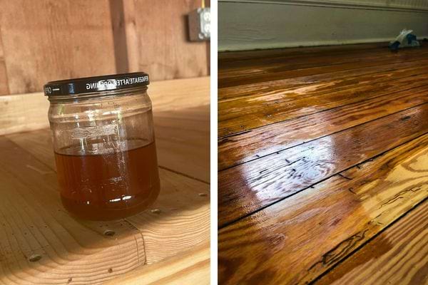 Pot d'huile de lin sur bois verni.