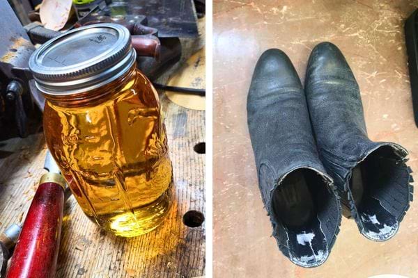 Pot d'huile de lin près de bottes.