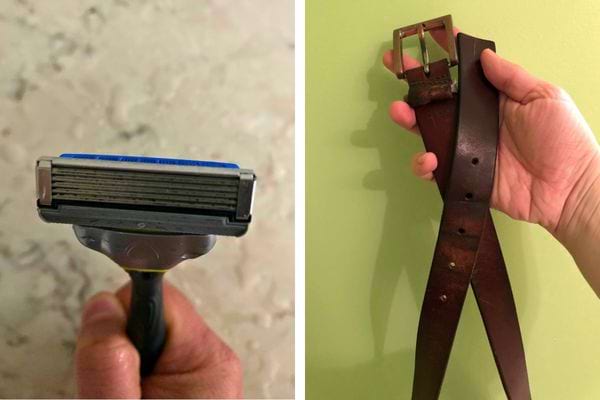 Rasoir et ceinture en cuir marron.