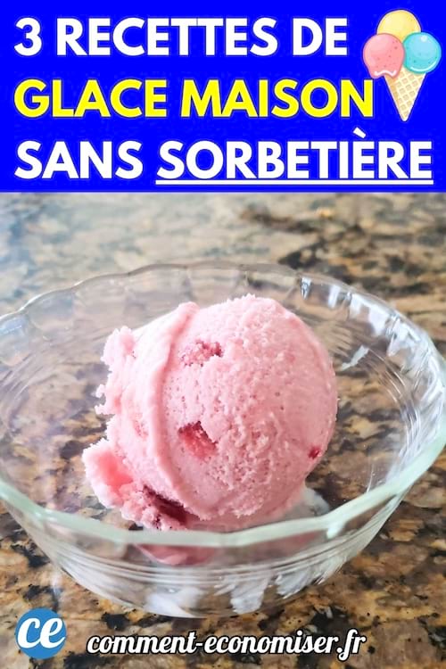 Boule de glace faite maison rose à la fraise dans un bol en verre.