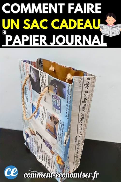Sac cadeau fait en papier journal avec poignées en corde.