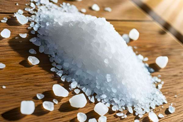 Des cristaux de sel éparpillés sur une table en bois.