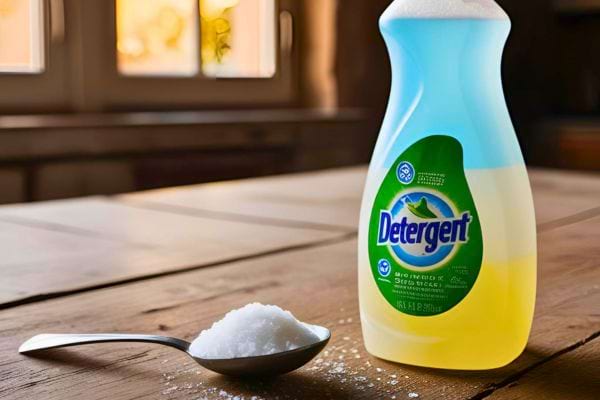 Une bouteille de détergent jaune à côté d'une cuillère de sel sur une table.