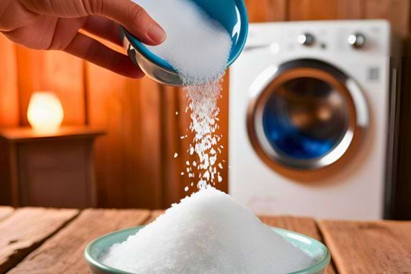 Un bol est rempli de sel versé depuis un bol bleu, devant une machine à laver.