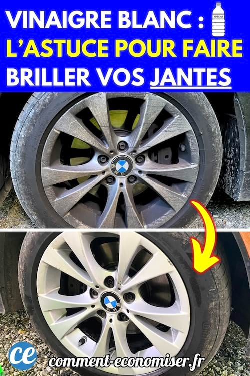 Avant-après de jantes de voiture nettoyées avec du vinaigre blanc.