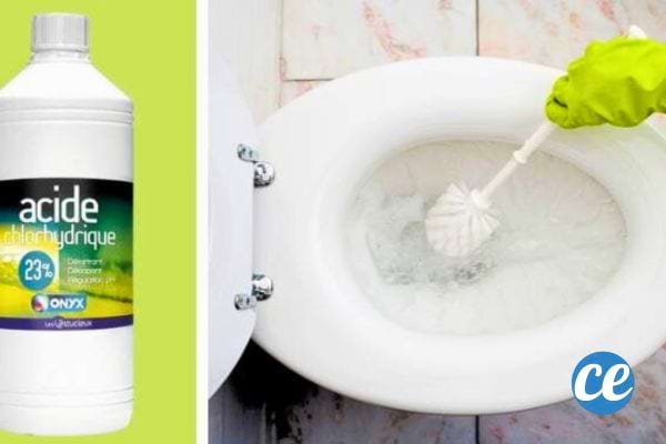 Produit d’acide chlorhydrique et toilettes en train d’être brossées.