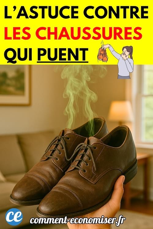 Une paire de chaussures en cuir marron tenue à la main, avec de la fumée verte symbolisant une mauvaise odeur qui s’en dégage.