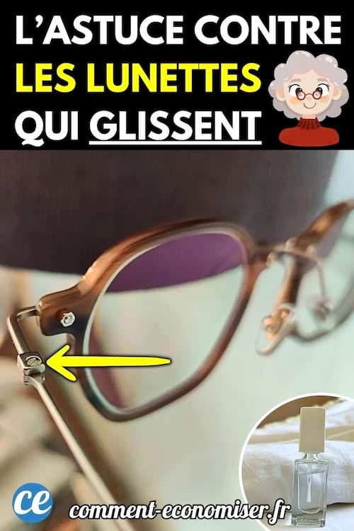 Paire de lunettes, accompagnée d’un flacon de vernis transparent.