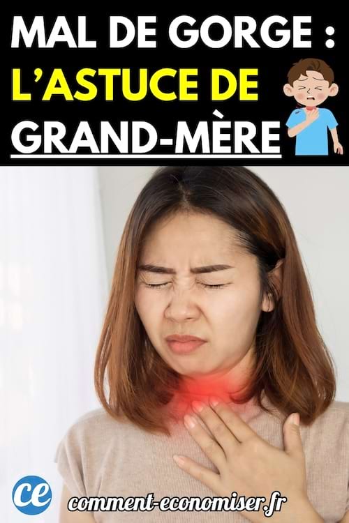 Une femme grimaçante posant la main sur sa gorge, avec une zone rouge illustrant une douleur à la gorge. 