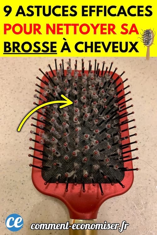 Une brosse à cheveux rouge remplie de poussière et de cheveux.