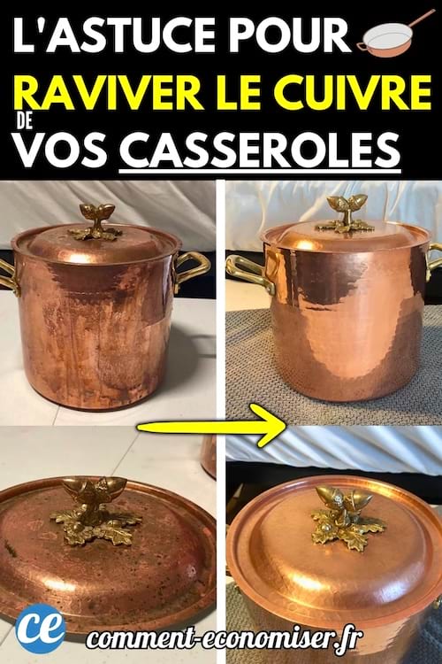 Avant-après de casseroles en cuivre ternies puis ravivées.