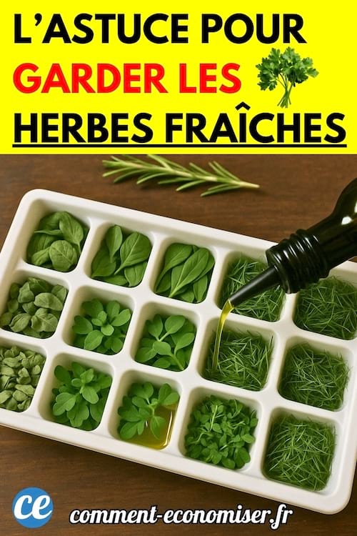Bac à glaçons rempli d’herbes fraîches et d’huile d’olive, avec du romarin en fond.