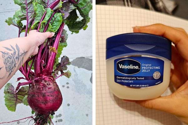 Betterave fraîche tenue à la main et pot de vaseline protectrice.