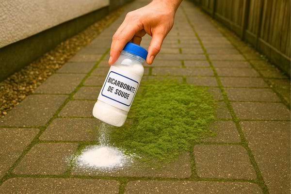 Bicarbonate de soude saupoudré sur des pavés moussus.