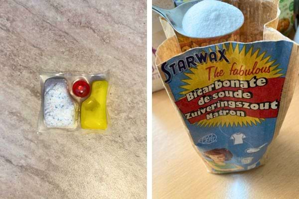 Un sachet de bicarbonate et une pastille lave-vaisselle sont posés sur un plan de travail.